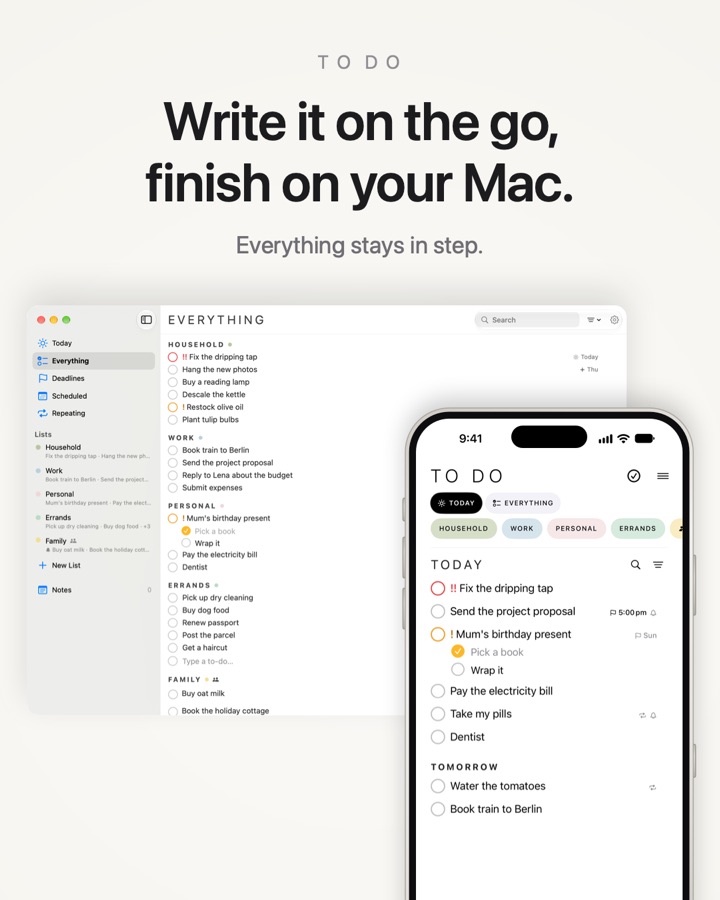 Write it on the go, finish on your Mac. Everything stays in step.